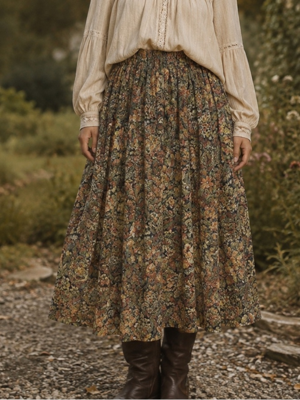 Vintage 90s olive floral midi skirt (as-is)
